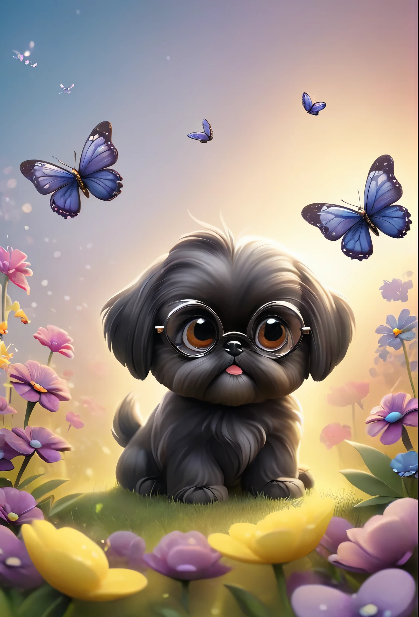 2 adorable very small very black Shih Tzu puppies wearing sunglasses playing at park butterflies and flowers in background 3D Pixar style
