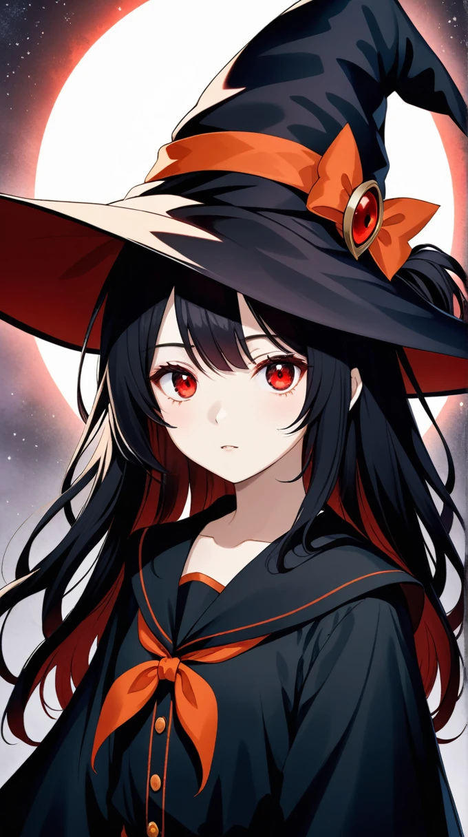 A 16 year old girl, with a red eyes, blackquality hair, with witch hat