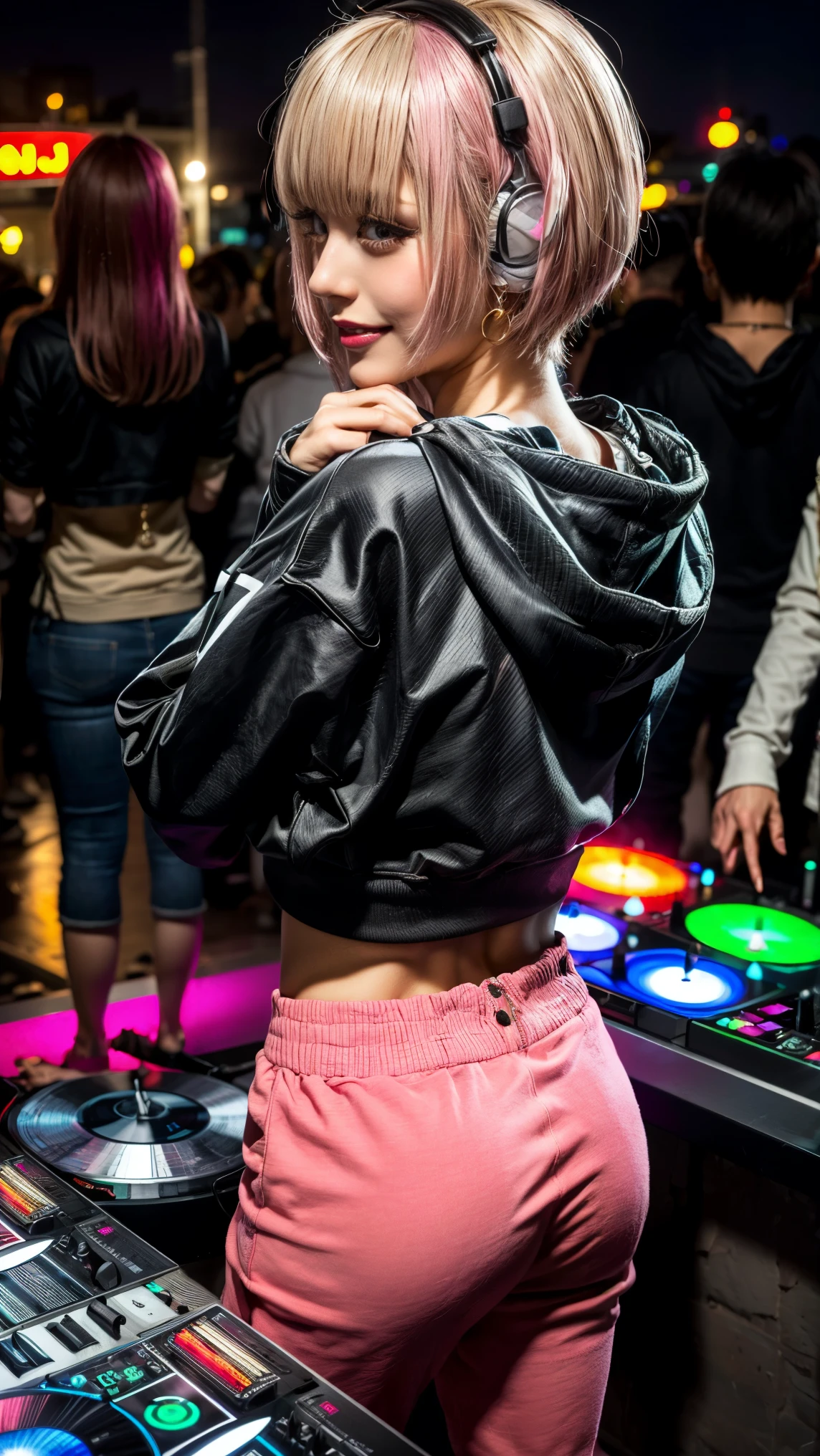 Highest quality, Tabletop, Ultra-high resolution, (Realistic:1.4), (Japanese Idols),RAW Photos, One Girl, night,Detailed skin,nightclub,Disco,(blonde:1.2), (Pink inner hair:1.3),Glossy Lips,smile,21 years old,Beautiful and beautiful eyes,eye shadow,Diamond jewellery,Earrings,Gold Jewelry,(hoodie:1.3),,(Shoulder strengthening:1.2),A well-trained body,(Pixie Cut),Round face,(playing music as a DJ:1.5),  (DJ:1.2) Vibrant performances (Music Festival:1.2) and (Lively crowd:1.1) and (Colorful stage lighting:1.1), (Back view:1.5 ),Back view,A slightly distant composition,(back of head)