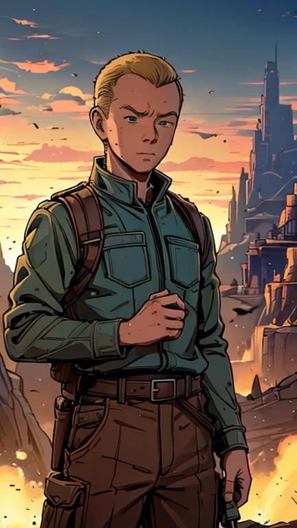 (Teens:1boy: Tintin,Star Wars), (extremely detailed CG unit 8k wallpaper),(master part), (best quality), (ultra detali), (best illustration),(melhor ombre), cowboy shot, (Sharp eyeliner, ombre, detailedeyes:1), Konoha Village background, ,break , (star15escola:1.2), upper body,brunning,short hair , grey hair, 1man, Tintin,1boy, blue top, brown pant