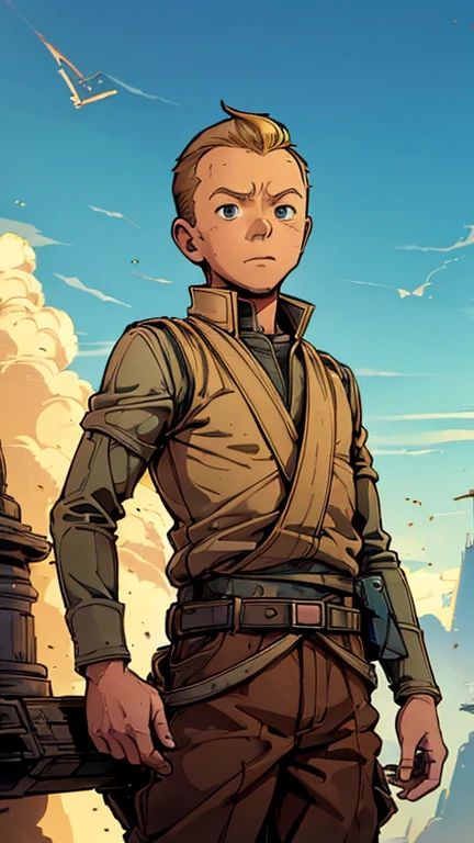 (Teens:1boy: Tintin,Star Wars), (extremely detailed CG unit 8k wallpaper),(master part), (best quality), (ultra detali), (best illustration),(melhor ombre), cowboy shot, (Sharp eyeliner, ombre, detailedeyes:1), Konoha Village background, ,break , (star15escola:1.2), upper body,brunning,short hair , grey hair, 1man, Tintin,1boy, blue top, brown pant