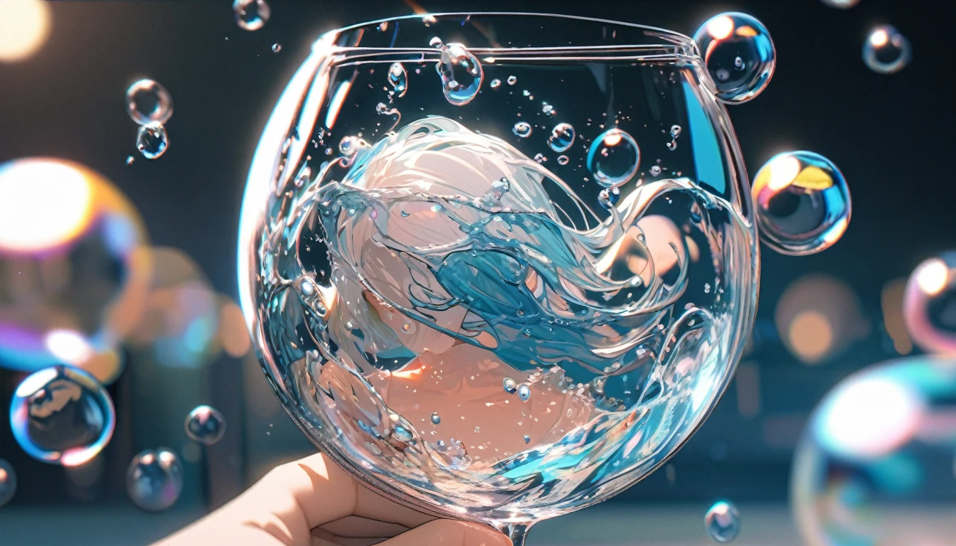 Very detailed, 8k, Glass, Water in a Glass, bubble, Right blue water, Nice, bright,ウオーターbubble