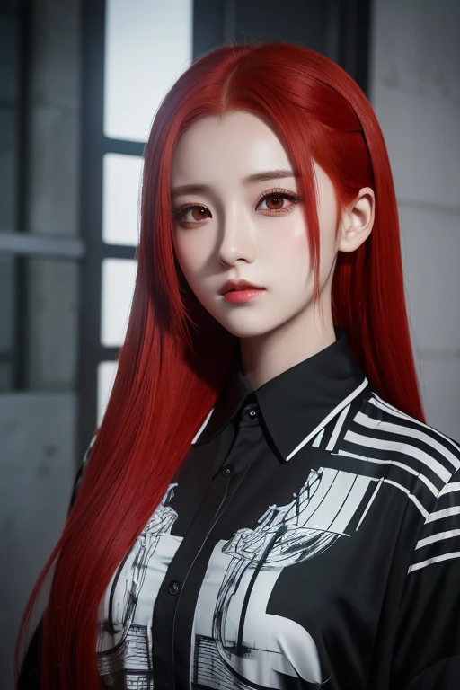 a girl with translucent red hair, wearing a black and white printed shirt, anime style, portrait, urban art style, inspired by Raphael Preraffaelitism and Xia Shuwen, beautiful female android, chiaroscuro color scheme