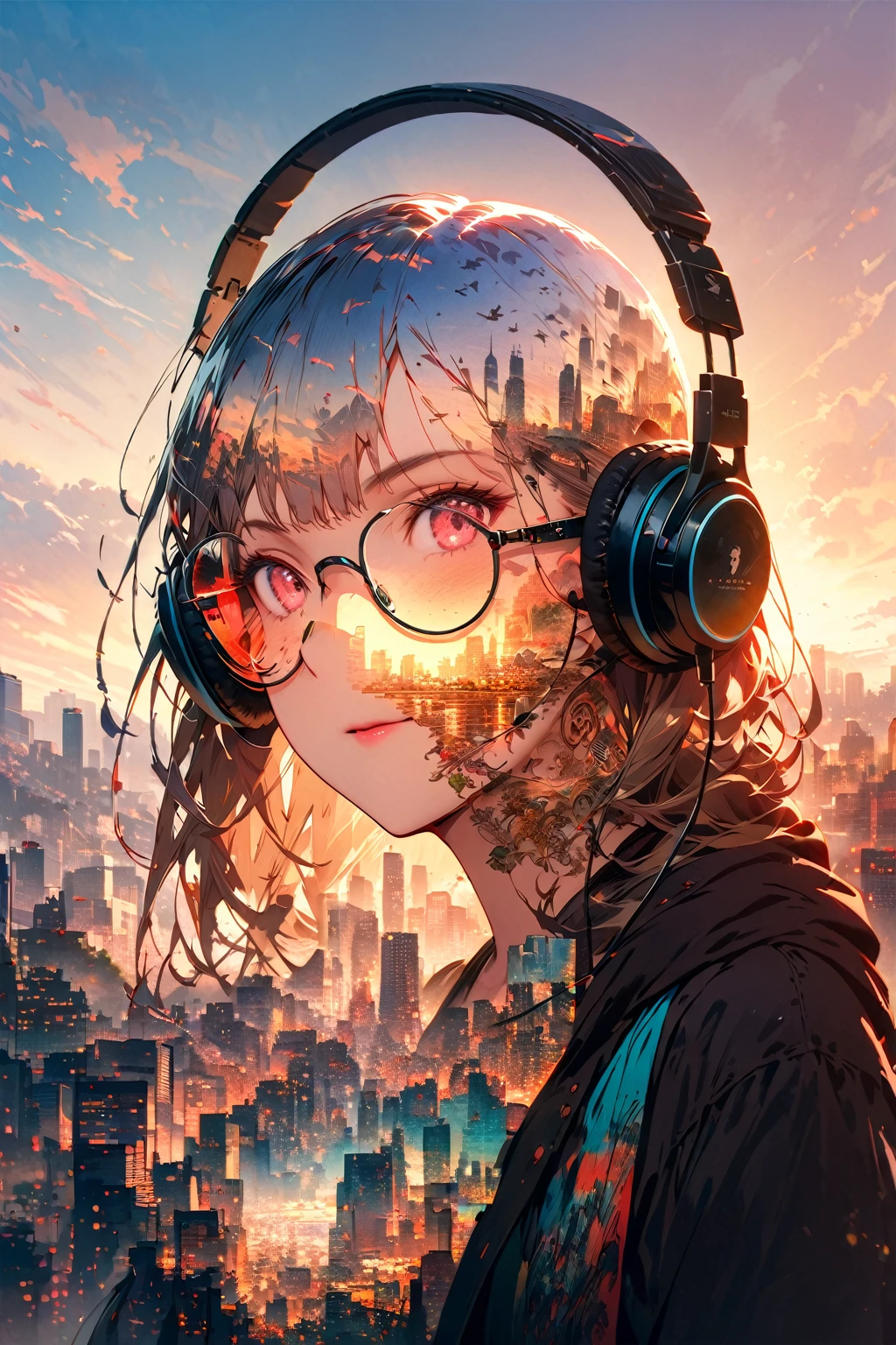 Double exposure of a beautiful and delicate semi-rimless eyewear, headphone, lady(Face clear and perfect)Image,The backdrop is a hyper-detailed tokyo city perfect for, Beautifully, Intricate illustrations, art work concept art work masterpiece, best quality, Super detailed, HD