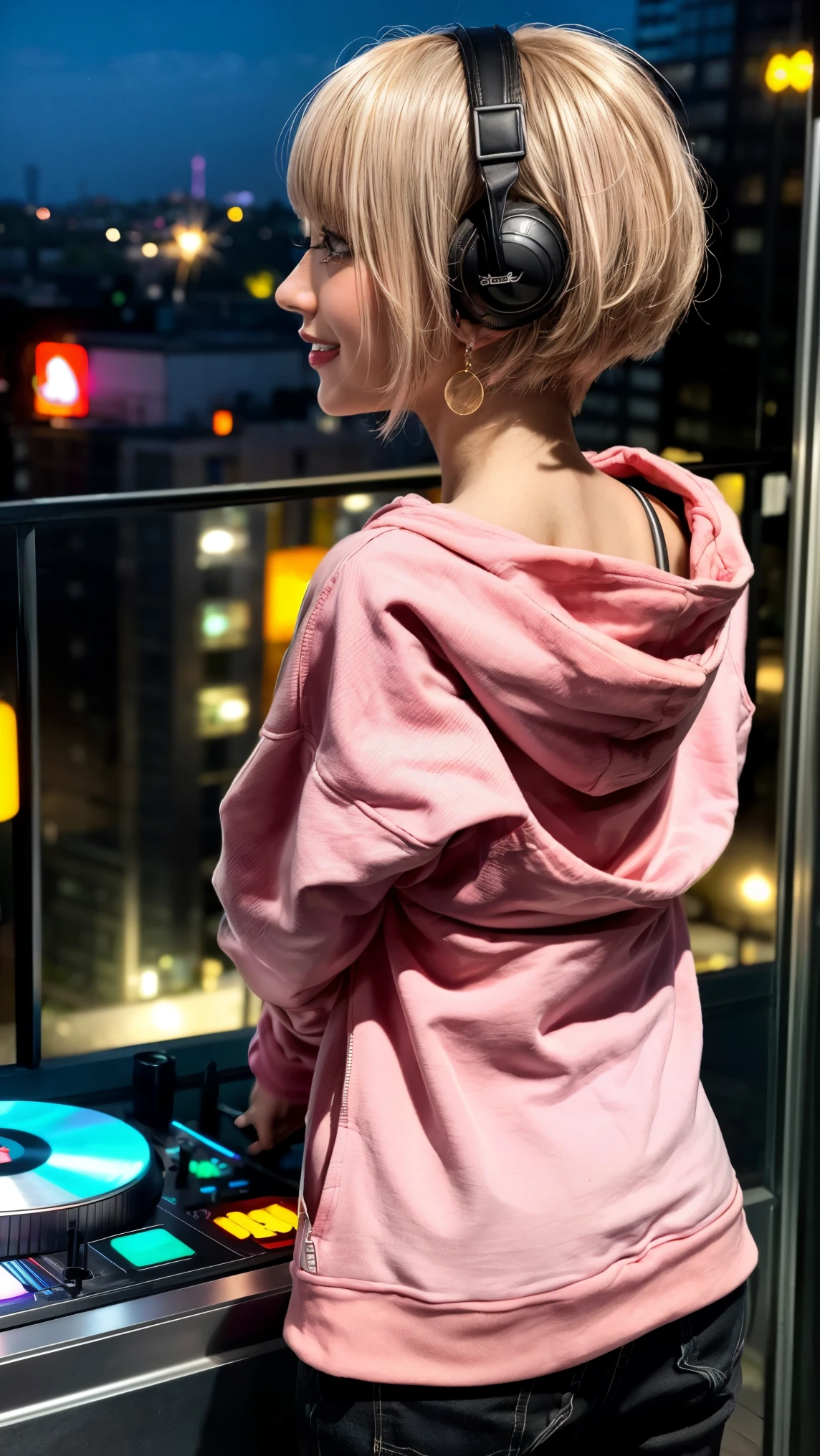 Highest quality, Tabletop, Ultra-high resolution, (Realistic:1.4), (Japanese Idols),RAW Photos, One Girl, night,Detailed skin,nightclub,Disco,(blonde:1.2), (Pink inner hair:1.3),Glossy Lips,smile,21 years old,Beautiful and beautiful eyes,eye shadow,Diamond jewellery,Earrings,Gold Jewelry,(hoodie:1.3),,(Shoulder strengthening:1.2),A well-trained body,(Pixie Cut),Round face,(playing music as a DJ:1.5), (DJ:1.2) Vibrant performances (Music Festival:1.2) and (Lively crowd:1.1) and (Colorful stage lighting:1.1), (Back view:1.5 ),Back view,A slightly distant composition,(back of head)