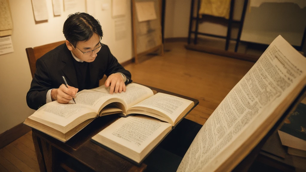 A middle-aged man sitting in a chair studying the Bible、Historical documents、Bible Manuscripts、Outdated、museum、high resolution