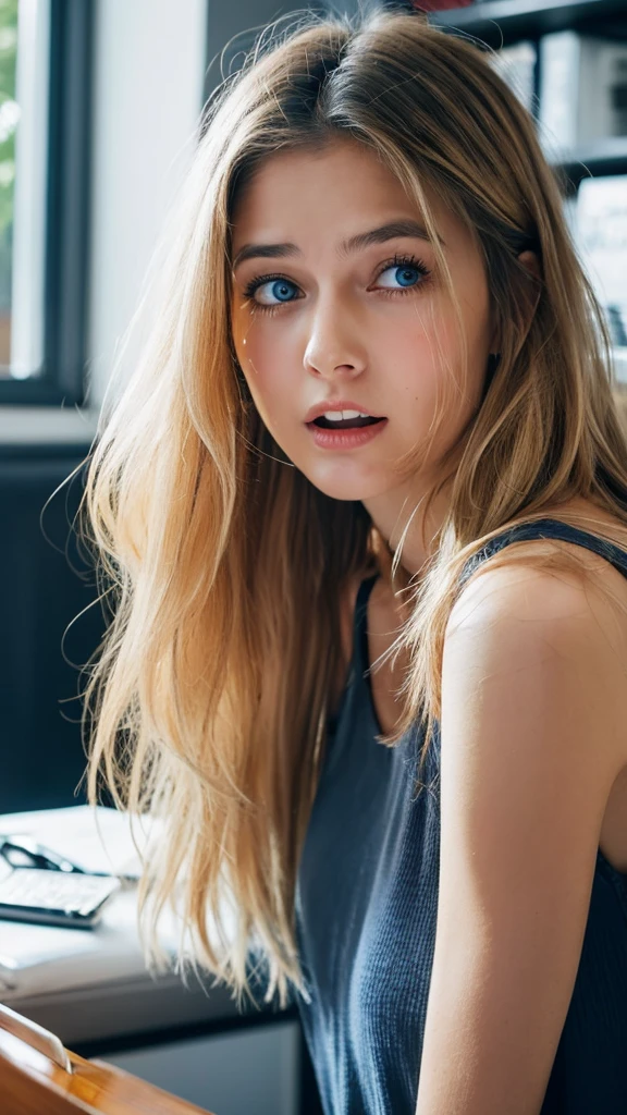 Emily, a distressed young woman with clear blue eyes and tears running down her cheeks, is screaming in fear. She has long, blonde hair styled in a casual, tousled look with natural waves and a healthy shine. She is dressed in a summer tank top. She is sitting at a table, surrounded by financial statements and investment pamphlets, with her head thrown back in anguish. The background is dark, with red warning symbols indicating financial trouble.