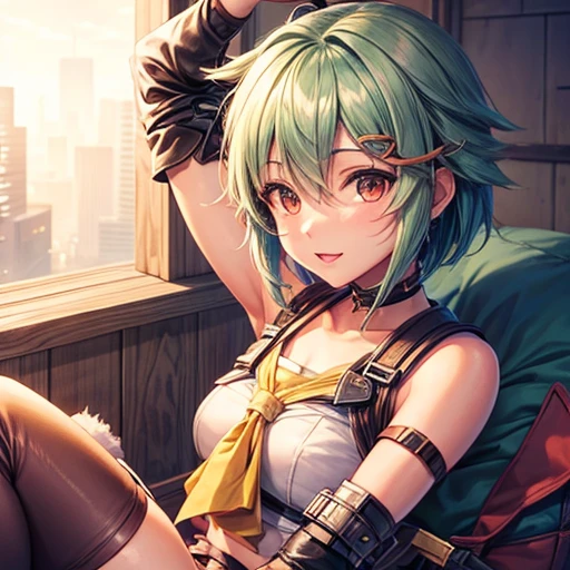 (8k, best quality, masterpiece: 1, 2), (realistic, realistic: 1, 37), top quality, masterpiece, no inner inside, glasses, green hair, large ponytail, heterochromic pupil, blue pupil of left eye, red pupil of right eye, angel wings, head ring, white head flower, casual wear, black backpack strap, neck strap, bare foot, barefoot, single, foot ring, leg ring, flat chest, tomboy
