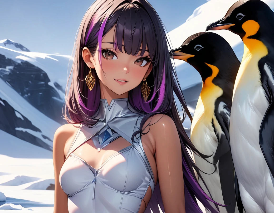 (highest quality:1.2, Very detailed, up to date, Vibrant, Ultra-high resolution, High Contrast, masterpiece:1.2, highest quality, Best aesthetics), Portraiture、girl、((25-years-old:1)), Bright colors、Beautiful fine details、Beautiful lip detail, long hair、black and purple ((streaked hair:1.6)), highlights hair: 1.5, brown eyes, gold earrings, ((slim body:1.4)), (small breast:0.7), (dark skin:0.5), (Antarctic:1), penguin, cowboy shot,