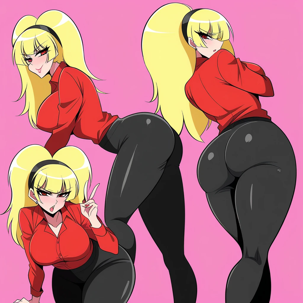 mature woman( rita loud) , blonde red button down shirt tight pants ,breasts huge butt ,sexy random pose seductive and flirtatious long legs