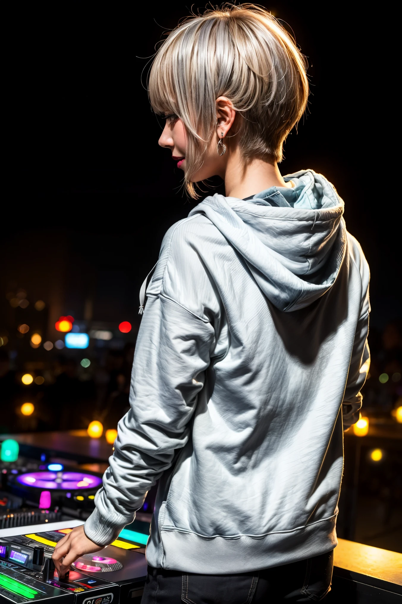 Highest quality, Tabletop, Ultra-high resolution, (Realistic:1.4), (Japanese Idols),RAW Photos, One Girl, night,Detailed skin,nightclub,Disco,(blonde:1.2), (Silver inner hair:1.3),Glossy Lips,smile,21 years old,Beautiful and beautiful eyes,eye shadow,Diamond jewellery,Earrings,Gold Jewelry,(hoodie:1.3),,(Shoulder strengthening:1.2),A well-trained body,(Pixie Cut),Round face,(playing music as a DJ:1.5), (DJ:1.2) Vibrant performances (Music Festival:1.2) and (Lively crowd:1.1) and (Colorful stage lighting:1.1), (Back view:1.5 ),Back view,(A slightly distant composition),(back of head),Composition from behind