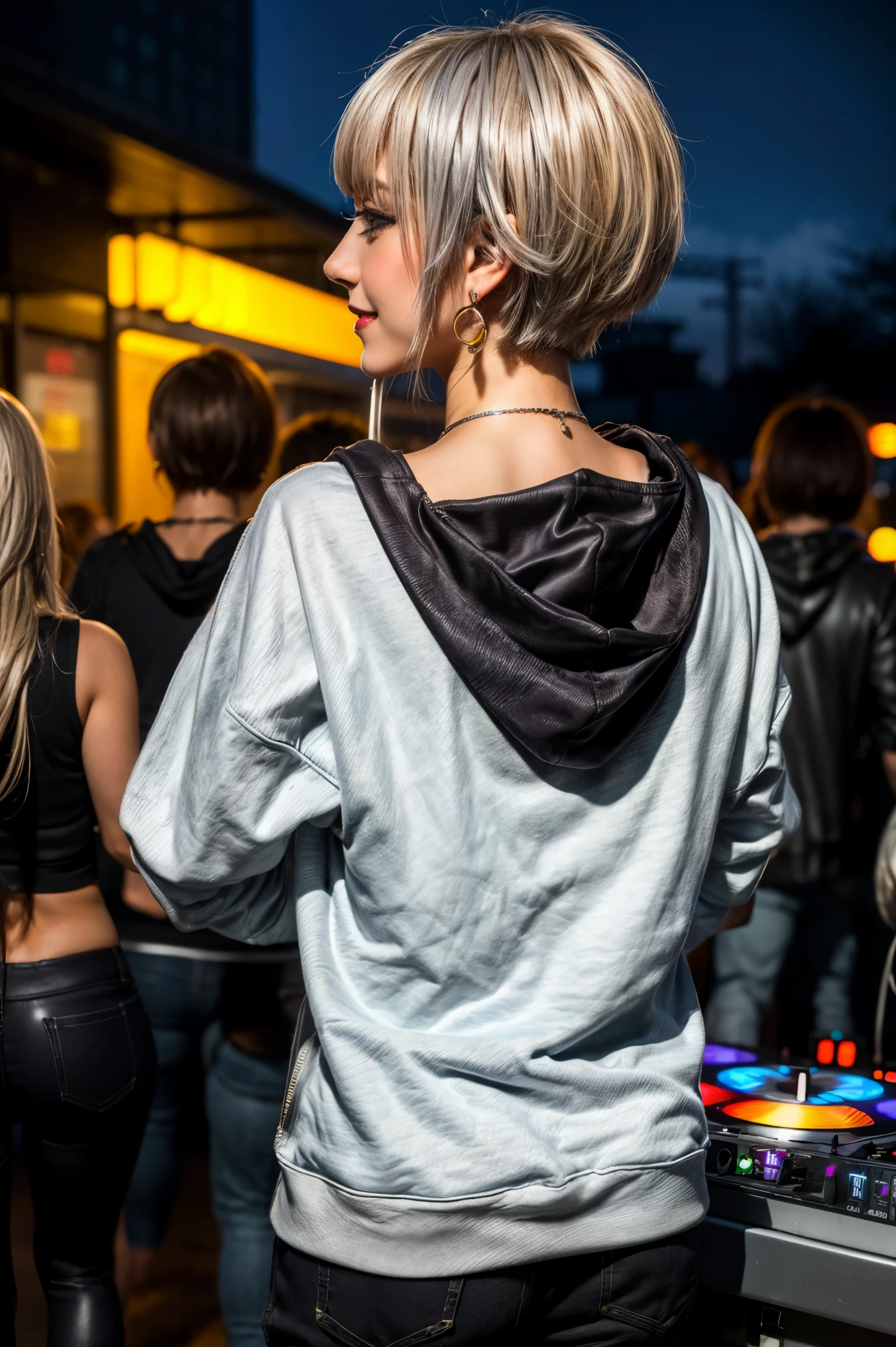 Highest quality, Tabletop, Ultra-high resolution, (Realistic:1.4), (Japanese Idols),RAW Photos, One Girl, night,Detailed skin,nightclub,Disco,(blonde:1.2), (Silver inner hair:1.3),Glossy Lips,smile,21 years old,Beautiful and beautiful eyes,eye shadow,Diamond jewellery,Earrings,Gold Jewelry,(hoodie:1.3),,(Shoulder strengthening:1.2),A well-trained body,(Pixie Cut),Round face,(playing music as a DJ:1.5),  (DJ:1.2) Vibrant performances (Music Festival:1.2) and (Lively crowd:1.1) and (Colorful stage lighting:1.1), (Back view:1.5 ),Back view,(A slightly distant composition),(back of head),Composition from behind