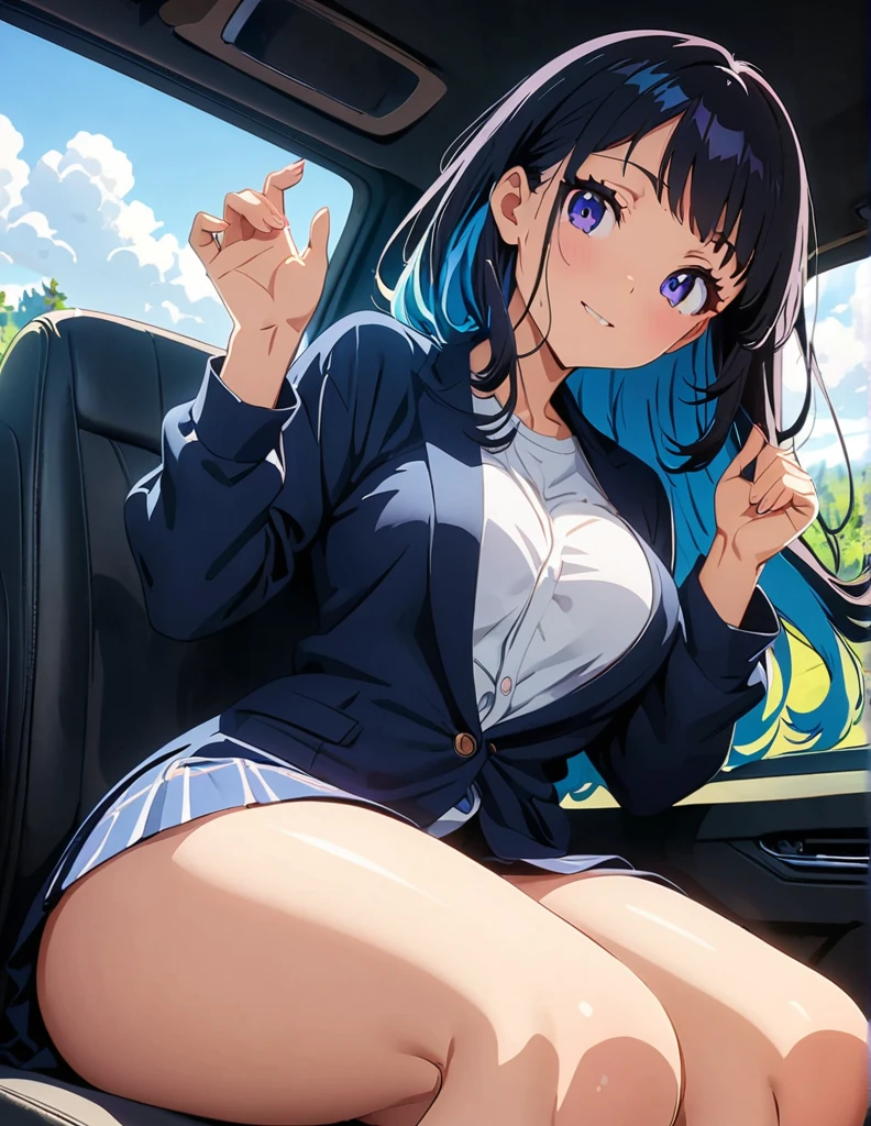 (anime artwork, anime style, studio anime, very detailed, up to date, vibrant, Anime Coloring, high contrast, masterpiece:1.2, best quality, best aesthetics),1 girl,hug from behind, Medium chest, A glimpse of thighs,random hair, One eye is hidden by the bangs, perfect proportions, high detail skin, Cute, detailed faces, precise fingers,curvy,in the car, front passenger's seat
