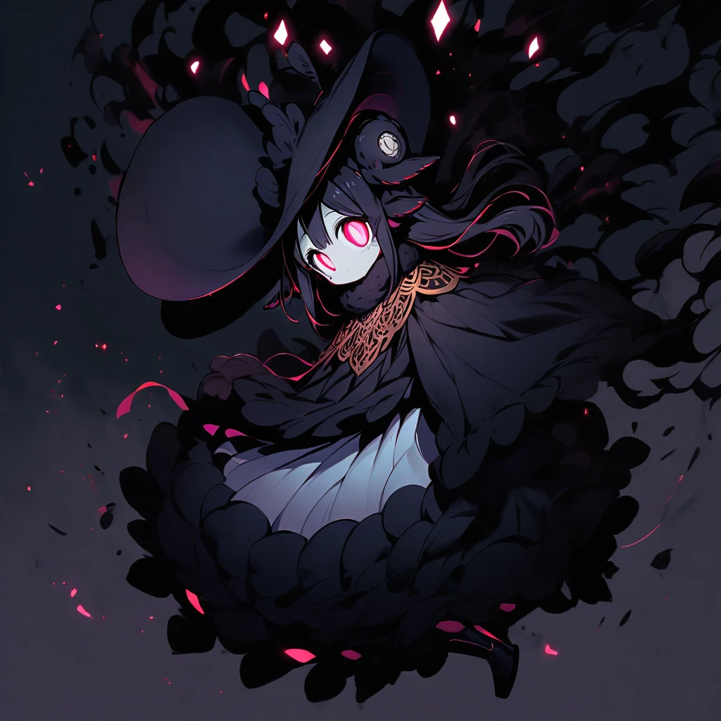 (well done: 1) small creature made completely of darkness, black hair, long straight hair, black sheep ears, black sheep tail, large hat, large white eyes, black poncho with hood, white dress stripped underneath, black boots .