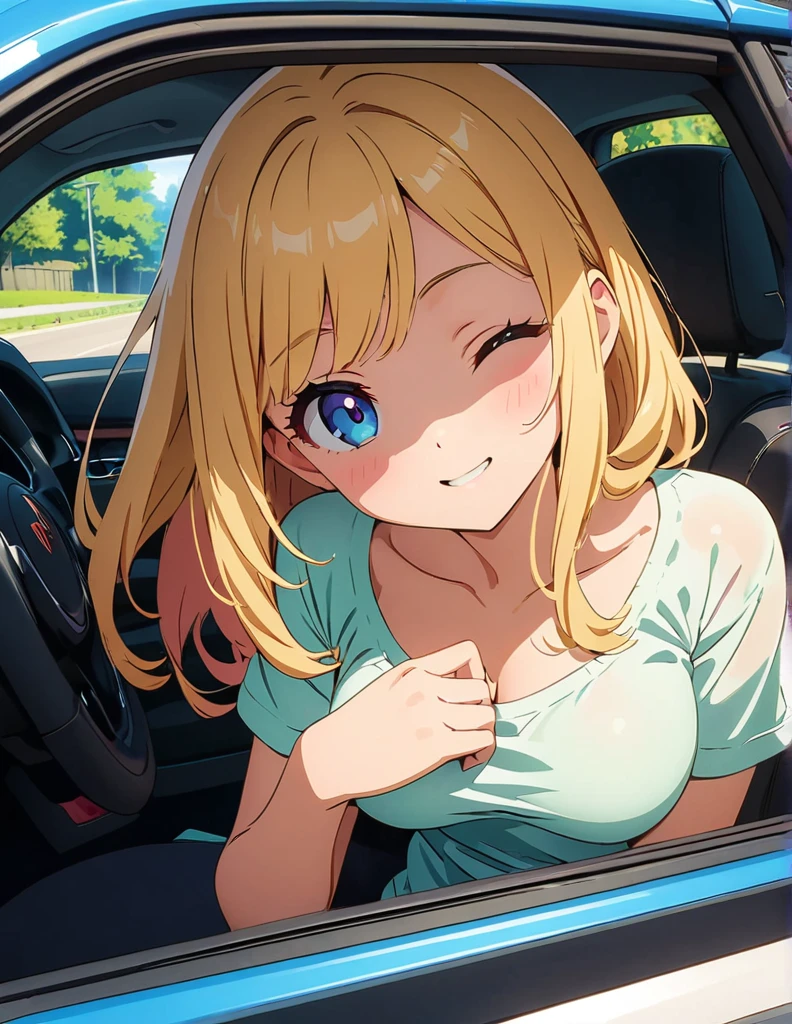 (anime artwork, anime style, studio anime, very detailed, up to date, vibrant, Anime Coloring, high contrast, masterpiece:1.2, best quality, best aesthetics),1 girl,hug from behind, Medium chest, A glimpse of thighs,random hair, One eye is hidden by the bangs, perfect proportions, high detail skin, Cute, detailed faces, precise fingers,curvy,in the car, front passenger's seat