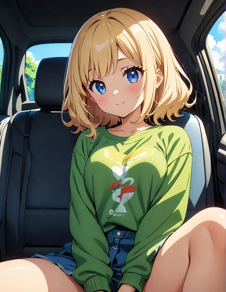 (anime artwork, anime style, studio anime, very detailed, up to date, vibrant, Anime Coloring, high contrast, masterpiece:1.2, best quality, best aesthetics),1 girl,hug from behind, Medium chest, A glimpse of thighs,random hair, One eye is hidden by the bangs, perfect proportions, high detail skin, Cute, detailed faces, precise fingers,curvy,in the car, front passenger's seat