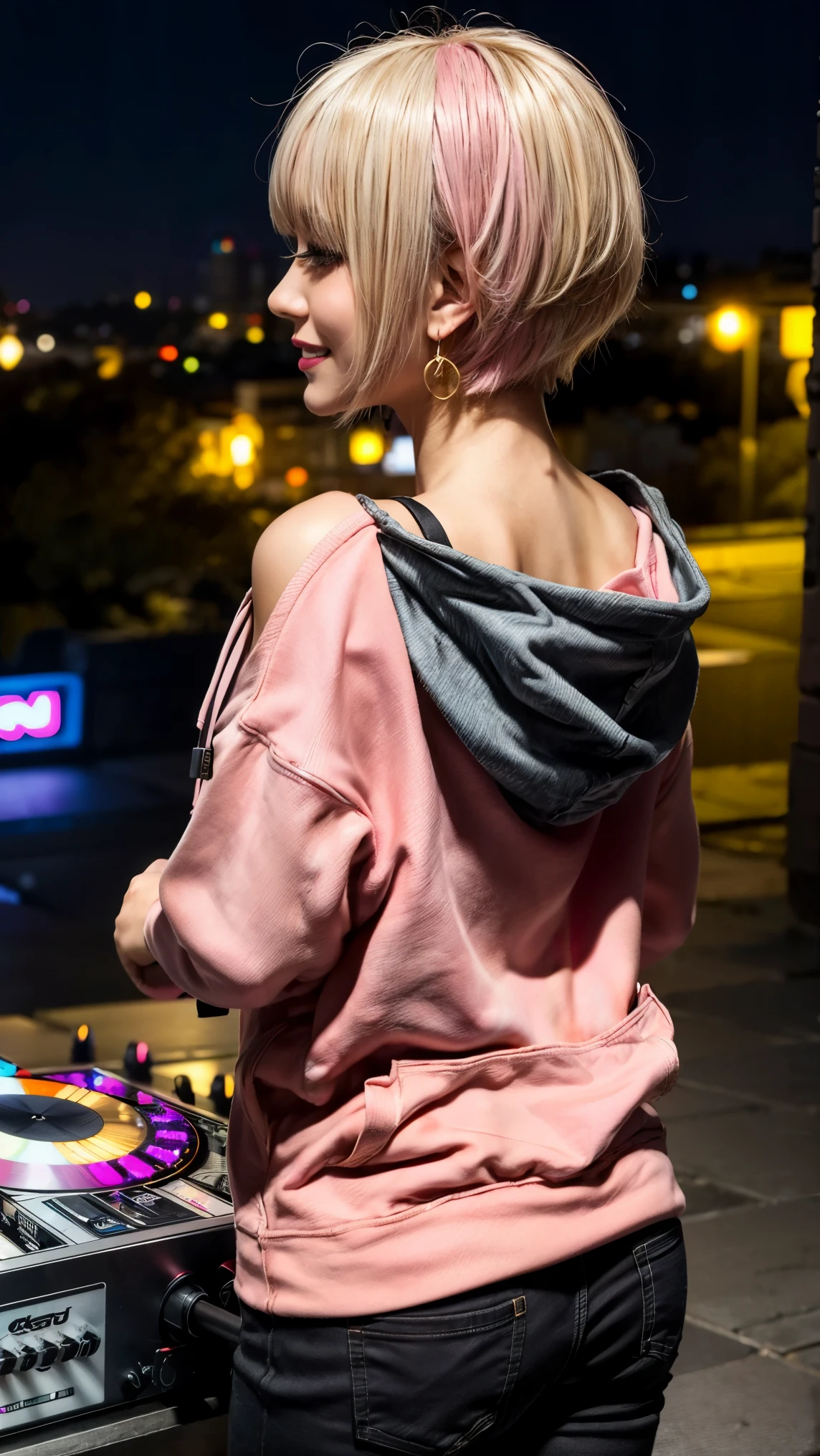 Highest quality, Tabletop, Ultra-high resolution, (Realistic:1.4), (Japanese Idols),RAW Photos, One Girl, night,Detailed skin,nightclub,Disco,(blonde:1.2), (Pink inner hair:1.3),Glossy Lips,smile,21 years old,Beautiful and beautiful eyes,eye shadow,Diamond jewellery,Earrings,Gold Jewelry,(hoodie:1.3),,(Shoulder strengthening:1.2),A well-trained body,(Pixie Cut),Round face,(playing music as a DJ:1.5),  (DJ:1.2) Vibrant performances (Music Festival:1.2) and (Lively crowd:1.1) and (Colorful stage lighting:1.1), (Back view:1.5 ),Back view,A slightly distant composition,(back of head)
