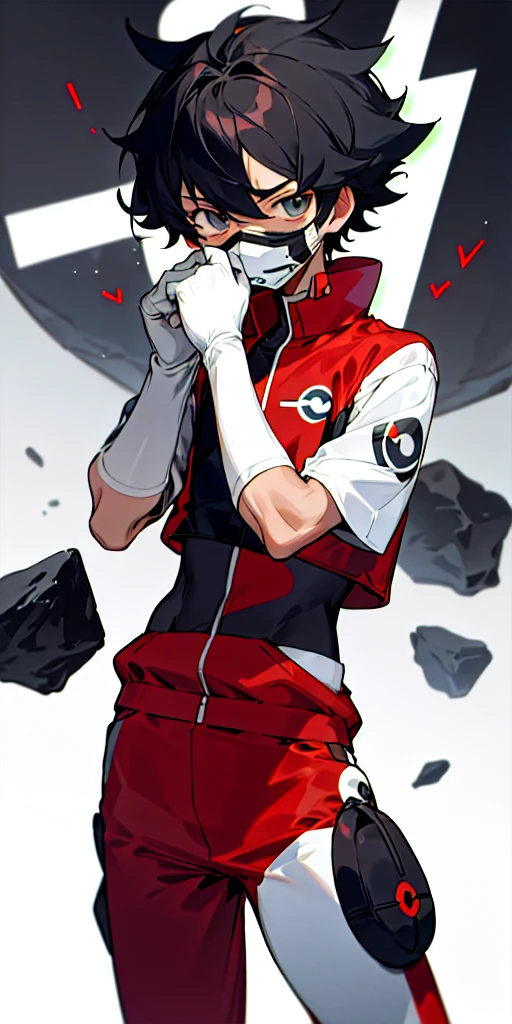  guy, short black hair, white mask covering whole face with black question mark symbol on it, light skin, rock type trainer, Pokemon trainer outfit, dark red outfit, shy