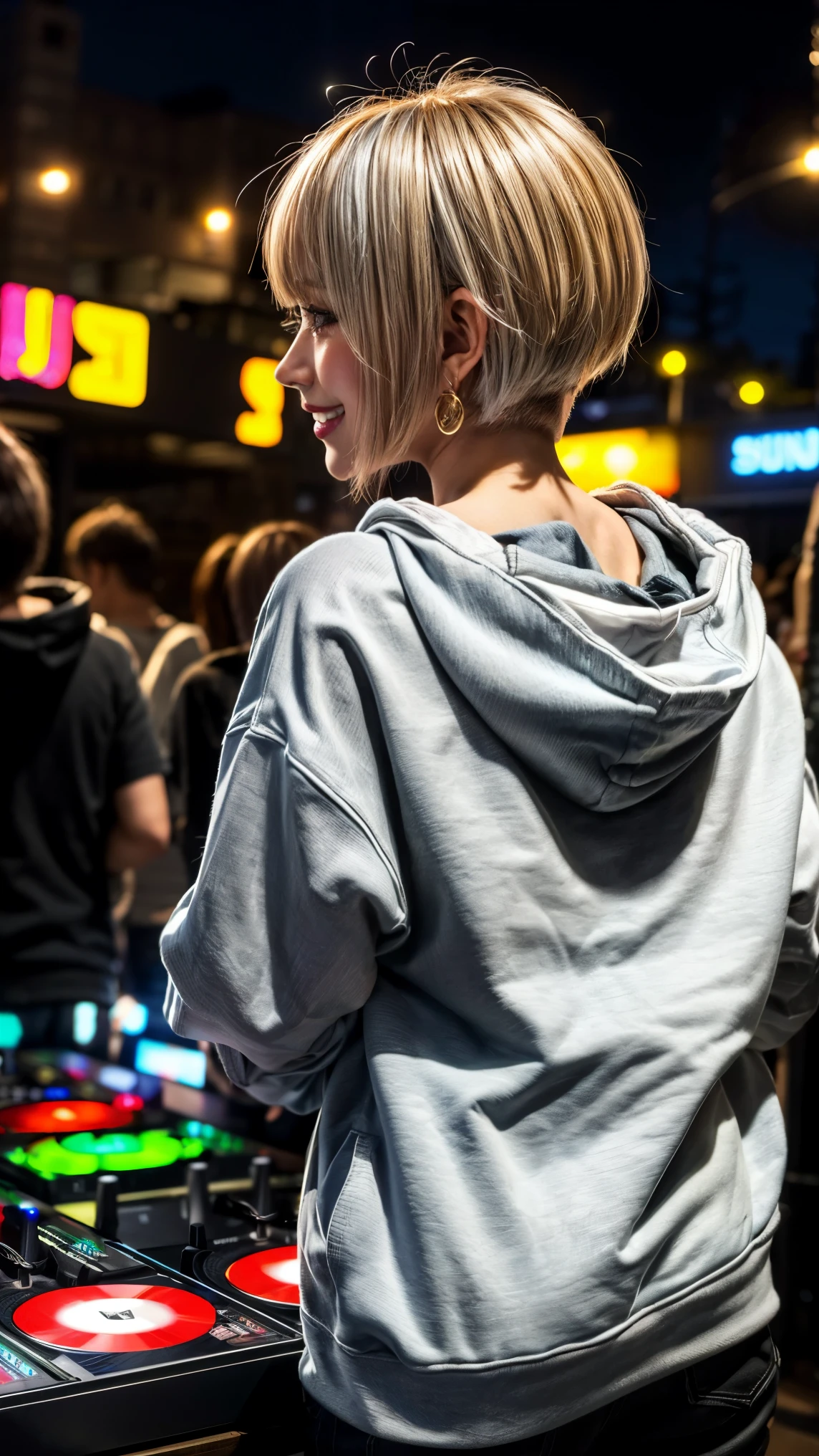 Highest quality, Tabletop, Ultra-high resolution, (Realistic:1.4), (Japanese Idols),RAW Photos, One Girl, night,Detailed skin,nightclub,Disco,(blonde:1.2), (Silver inner hair:1.3),Glossy Lips,smile,21 years old,Beautiful and beautiful eyes,eye shadow,Diamond jewellery,Earrings,Gold Jewelry,(hoodie:1.3),,(Shoulder strengthening:1.2),A well-trained body,(Pixie Cut),Round face,(playing music as a DJ:1.5), (DJ:1.2) Vibrant performances (Music Festival:1.2) and (Lively crowd:1.1) and (Colorful stage lighting:1.1), (Back view:1.5 ),Back view,(A slightly distant composition),(back of head),Composition from behind