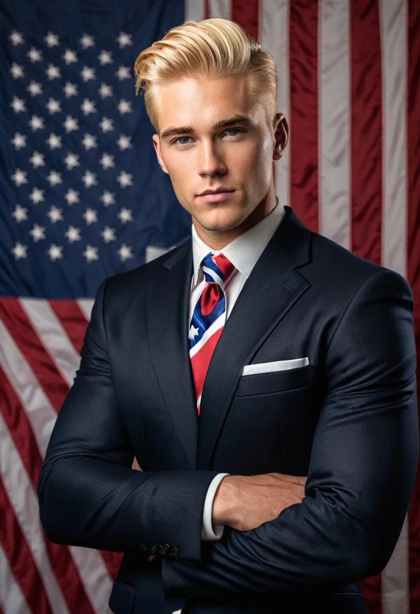 Handsome American man with blonde hair and masculine build. He is wearing a classic dark American suit. There is an American flag in the background. 
