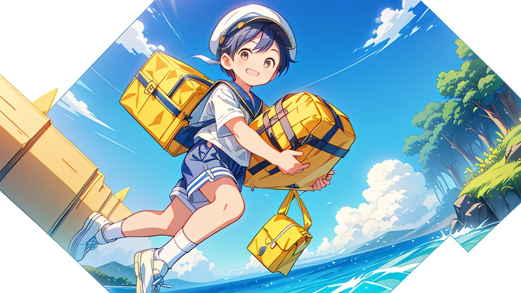 Chibi no Boy、(((Highest quality、Masterpiece、Official Art、The best dynamic composition)))、Anime Style、Very detailed、8K high resolution、The boy is carrying a rectangular yellow bag over his shoulder.、Navy blue sailor suit and navy blue shorts、White socks、Diamond Hat、Smiling happily、