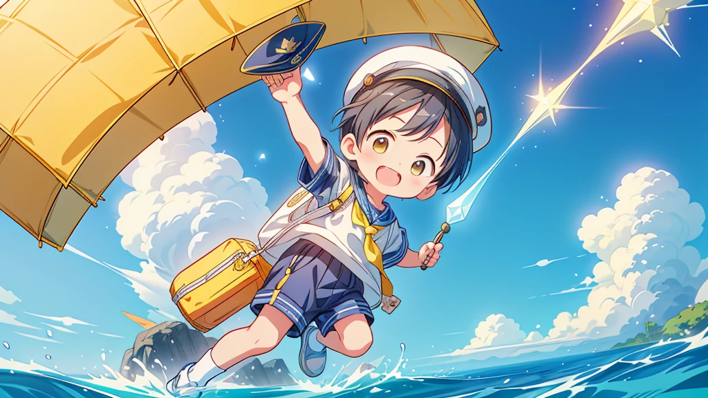 Chibi no Boy、(((Highest quality、Masterpiece、Official Art、The best dynamic composition)))、Anime Style、Very detailed、8K high resolution、The boy is carrying a rectangular yellow bag over his shoulder.、Navy blue sailor suit and navy blue shorts、White socks、Diamond Hat、Smiling happily、