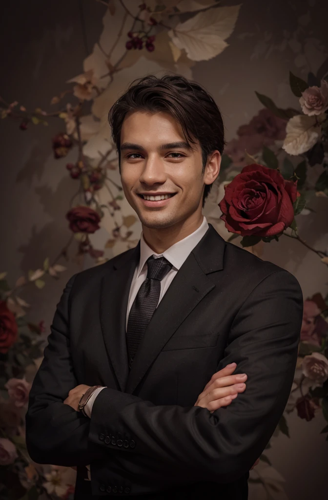Frontal view , Portrait of man in black suit smiling , Old Rose color background editorial style highdefinition ultrarealistic details in the style of portrait photography
