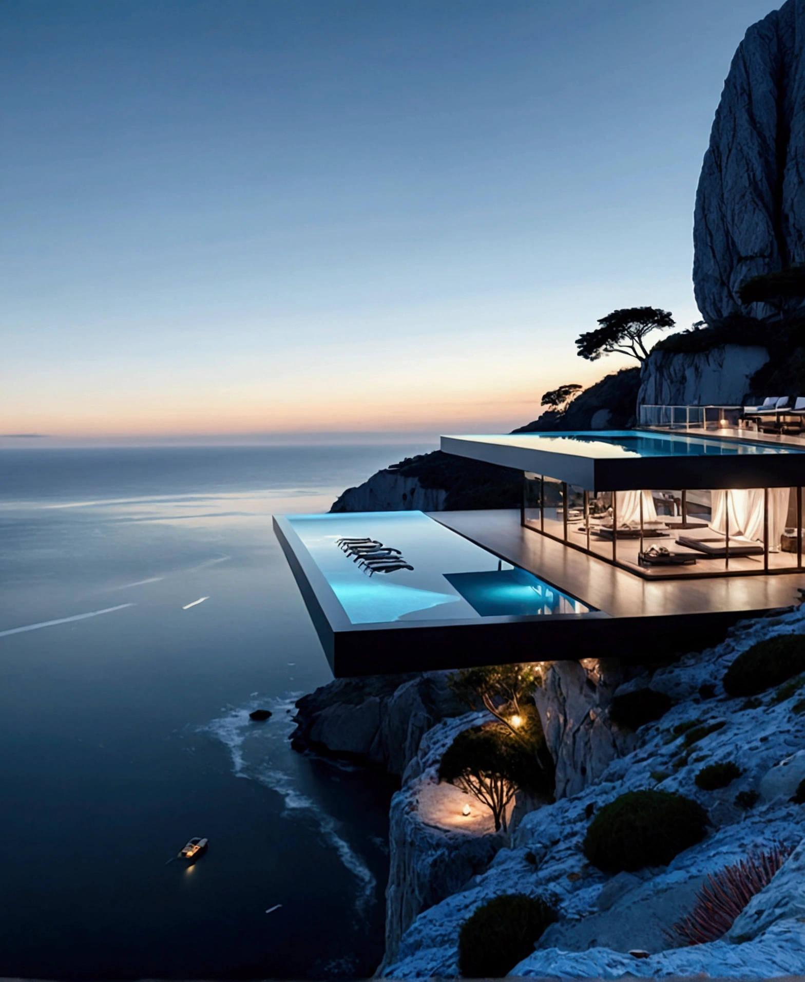 The image showcases a breathtaking modern architectural marvel set against a serene ocean backdrop. The building features an infinity pool on an upper deck that seamlessly blends with the horizon, creating a mesmerizing visual effect. Below this level is a spacious, open-air living area with minimalist furniture, including lounge chairs, a coffee table, and a sofa, all designed to maximize comfort while maintaining a sleek aesthetic. The structure is perched on the edge of a cliff, offering stunning panoramic views of the ocean and distant mountains. Show views from inside the house 