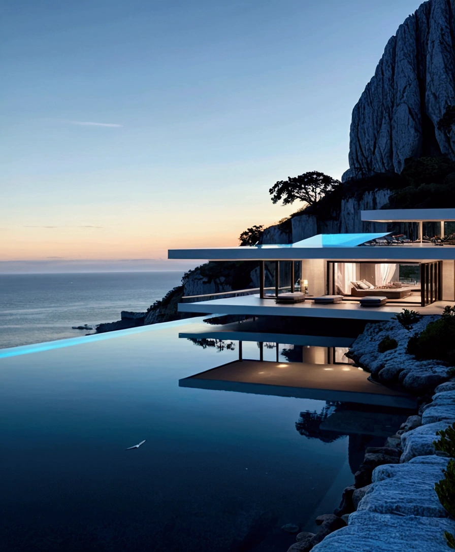 The image showcases a breathtaking modern architectural marvel set against a serene ocean backdrop. The building features an infinity pool on an upper deck that seamlessly blends with the horizon, creating a mesmerizing visual effect. Below this level is a spacious, open-air living area with minimalist furniture, including lounge chairs, a coffee table, and a sofa, all designed to maximize comfort while maintaining a sleek aesthetic. The structure is perched on the edge of a cliff, offering stunning panoramic views of the ocean and distant mountains. Show views from inside the house 