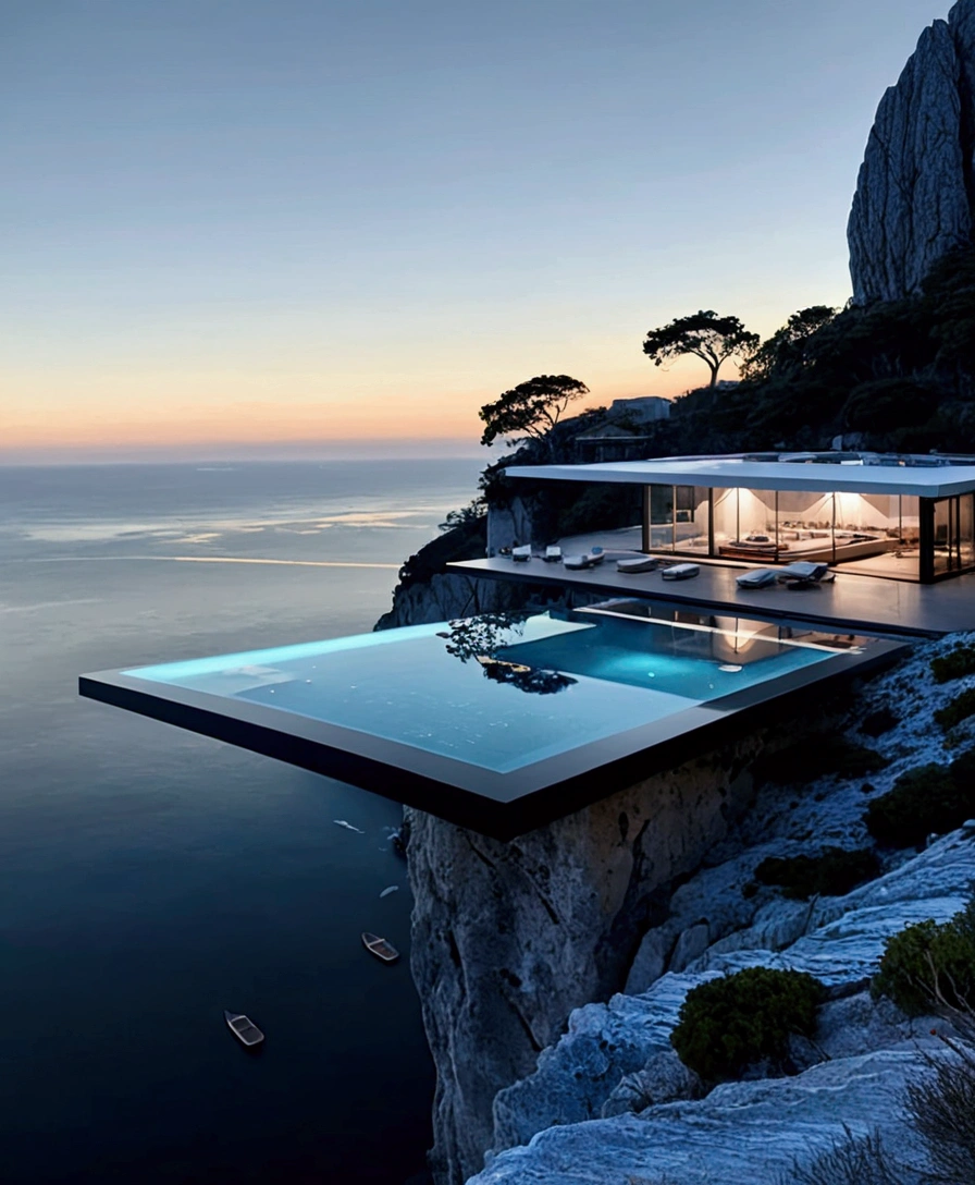 The image showcases a breathtaking modern architectural marvel set against a serene ocean backdrop. The building features an infinity pool on an upper deck that seamlessly blends with the horizon, creating a mesmerizing visual effect. Below this level is a spacious, open-air living area with minimalist furniture, including lounge chairs, a coffee table, and a sofa, all designed to maximize comfort while maintaining a sleek aesthetic. The structure is perched on the edge of a cliff, offering stunning panoramic views of the ocean and distant mountains. Show views from inside the house 