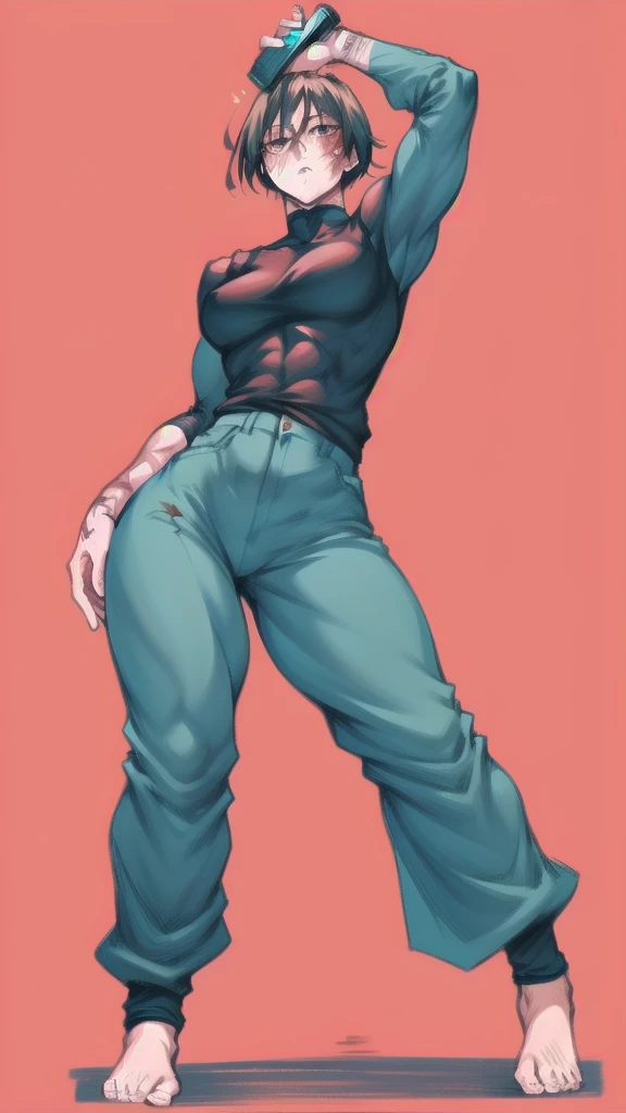 Full body image of Maki Zenin from Jujutsu Kaisen, full body in image, wearing her post-clan outfit (sleeves torn, harem pants), visible scars, short dark hair, female body, athletic and muscular body, dynamic pose, detailed pose, simple background, expressive face showing determination, focus on face, line art, sketch
