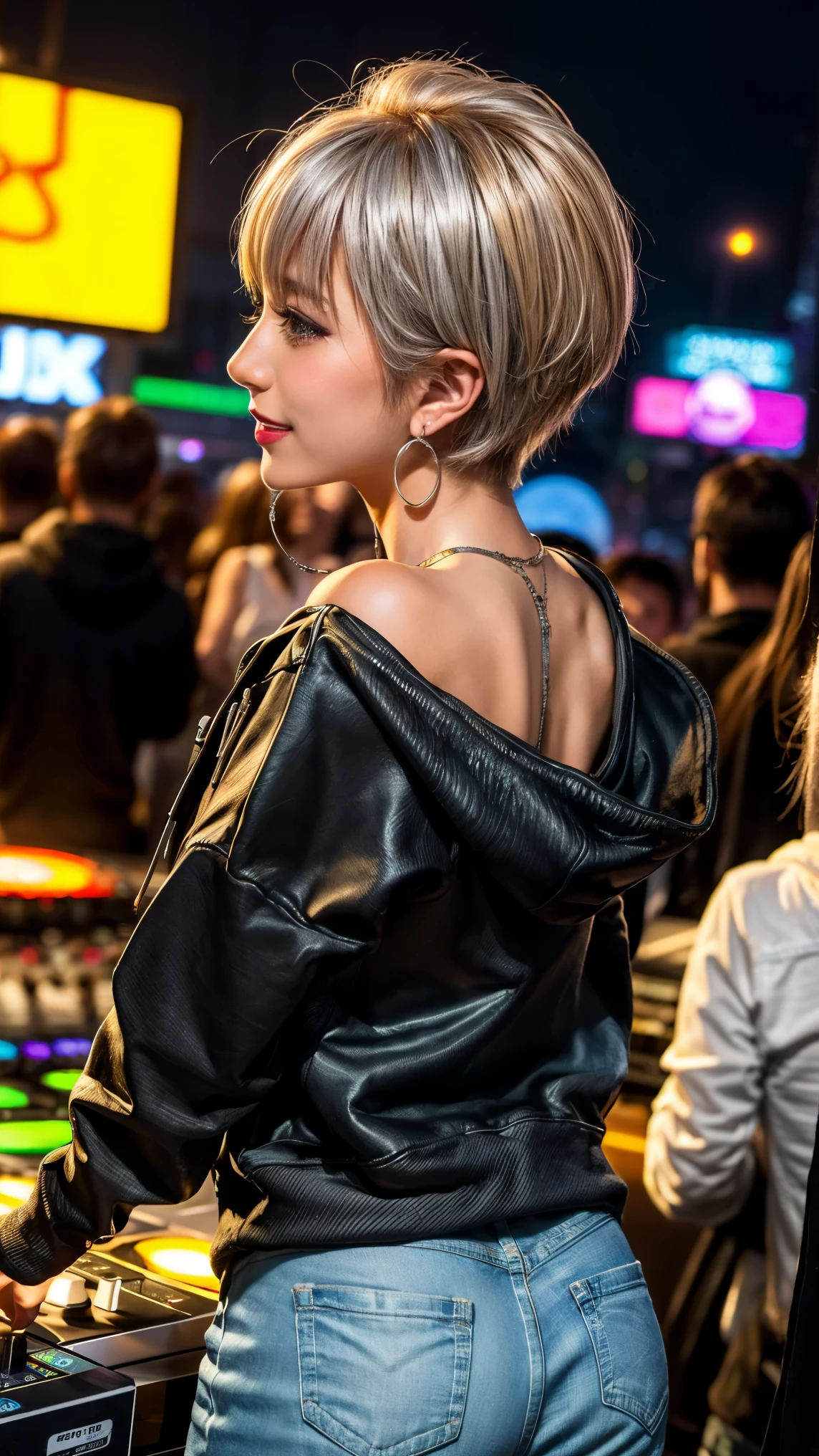 Highest quality, Tabletop, Ultra-high resolution, (Realistic:1.4), (Japanese Idols),RAW Photos, One Girl, night,Detailed skin,nightclub,Disco,(blonde:1.2), (Silver inner hair:1.3),Glossy Lips,smile,21 years old,Beautiful and beautiful eyes,eye shadow,Diamond jewellery,Earrings,Gold Jewelry,(hoodie:1.3),,(Shoulder strengthening:1.2),A well-trained body,(Pixie Cut),Round face,(playing music as a DJ:1.5),  (DJ:1.2) Vibrant performances (Music Festival:1.2) and (Lively crowd:1.1) and (Colorful stage lighting:1.1), (Back view:1.5 ),Back view,(A slightly distant composition),(back of head),Composition 