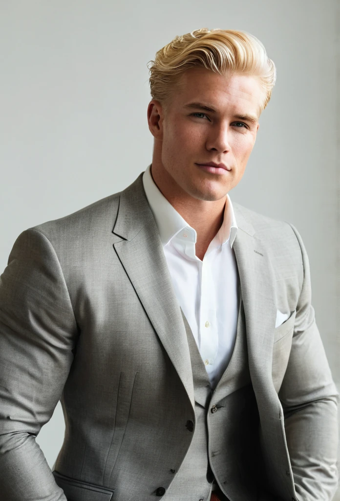 Handsome American man with blonde hair and masculine build. He is wearing a classic American suit.
