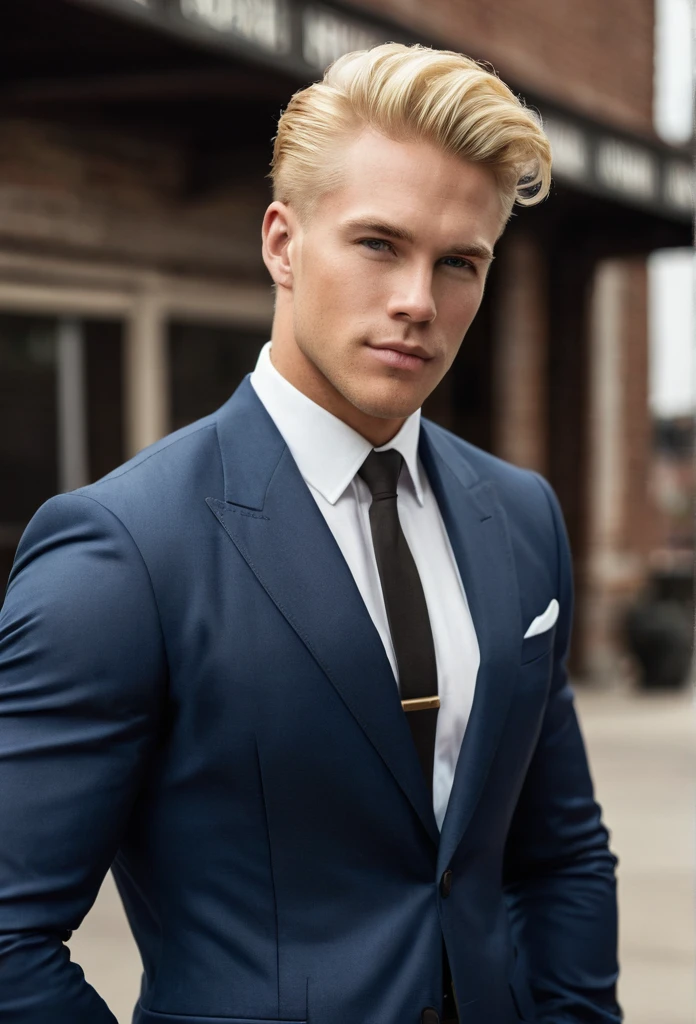 Handsome American man with blonde hair and masculine build. He is wearing a classic American suit.