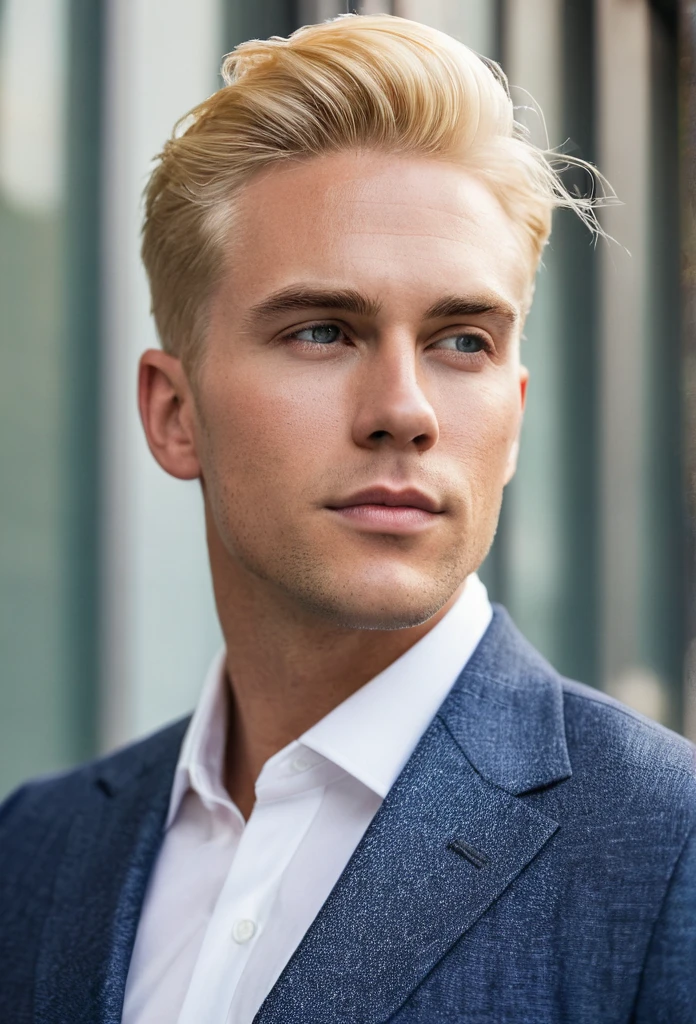 Handsome American man with blonde hair and masculine build. He is wearing a classic American suit. 