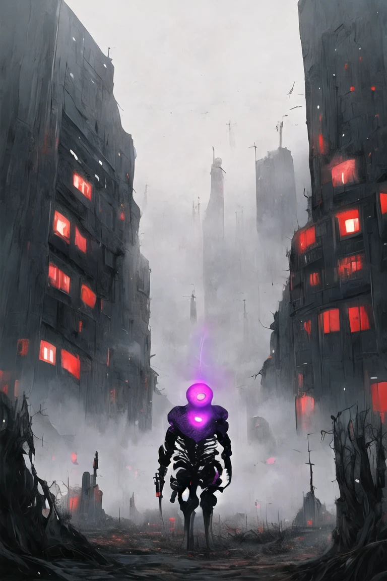 (((Highest quality)))(((Best Image)))外見は黒いfog,Wearing shiny armor,Modern Battle Suit(((Appearance)))The shape is humanoid,Modern weapons(((Features)))Eyes glowing red,The shape is made of purple glowing matter..(((male)))The skeleton is human-like、Muscle fibers are visible.,fogのようなもので構築している(((background)))Barren Land,dead tree,fog,City in Ruins,Chaotic world(((Standing posture)))Battle Scenes,overwhelmingly strong,Highest quality。