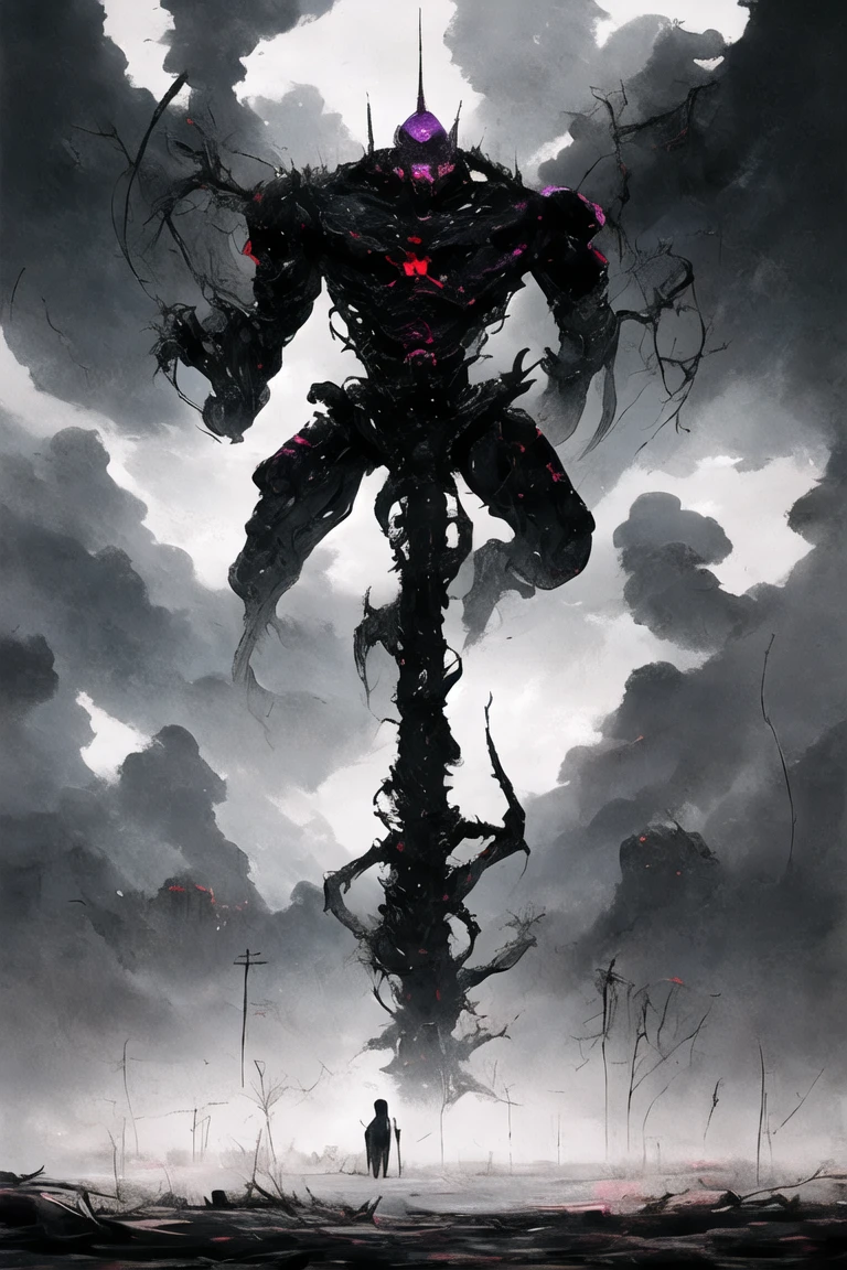 (((Highest quality)))(((Best Image)))外見は黒いfog,Wearing shiny armor,Modern Battle Suit(((Appearance)))The shape is humanoid,Modern weapons(((Features)))Eyes glowing red,The shape is made of purple glowing matter..(((male)))The skeleton is human-like、Muscle fibers are visible.,fogのようなもので構築している(((background)))Barren Land,dead tree,fog,City in Ruins,Chaotic world(((Standing posture)))Battle Scenes,overwhelmingly strong,Highest quality。