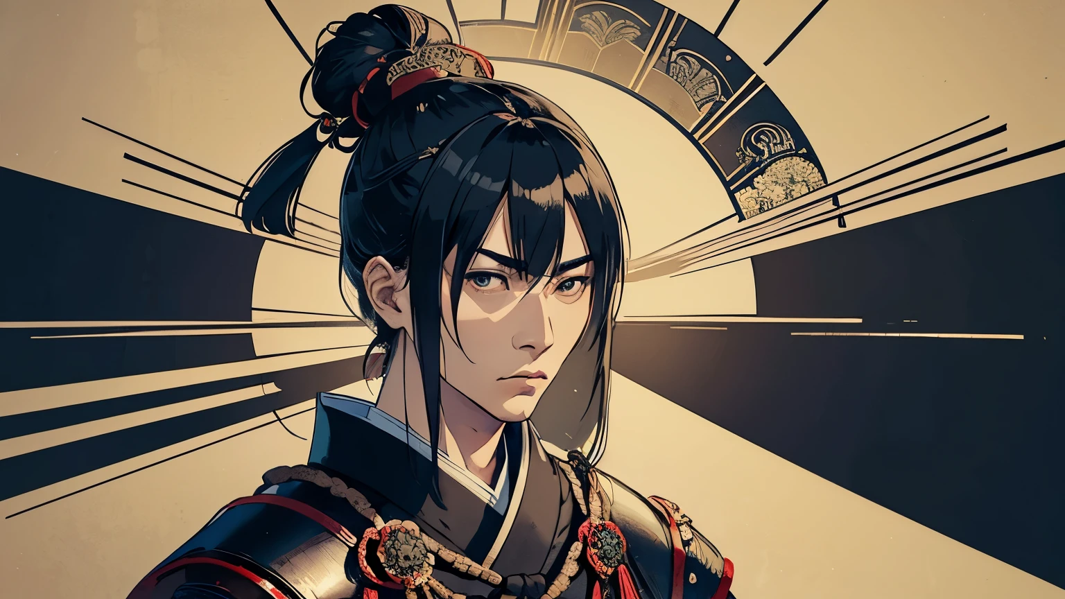 The whole body is shown、Wearing intricately designed traditional samurai armor、Famous people in Japanese history、Detailed images of Toyotomi Hideyoshi、He tied his topknot.、He has a stern look.、Has an intimidating presence。The background is a traditional Japanese castle