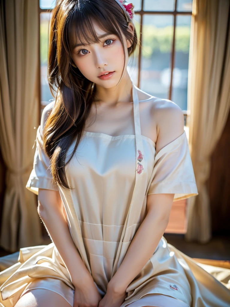 (masterpiece, the best_quality, S上er detailed, 8k, Ultra-high resolution, perfection:1.shining eyes, shy, Blushed, Moist oily skin, Small breasts,Modest nipples,Big Thighs,Skimpy, Facing the audience, Korean Goddess, Thick lips,Gorgeous Korean model, Beautiful young Korean woman, Thick lips,Duck mouth,Asian Girl,Portrait photography,Realistic Face,White skin,CG-like face,Beautiful Skin,reflection,sunlight,On the bed,Silk Bed,Shiny hair,Flowing Hair,Cowboy Shot,Cosplay((A beautiful girl dressed in a classic French maid outfit, with a frilly apron and headband, posing in a Victorian-style room))Spread your legs,nakedの彼女,naked,((White liquid on the body,Lying down,Men and sex))
