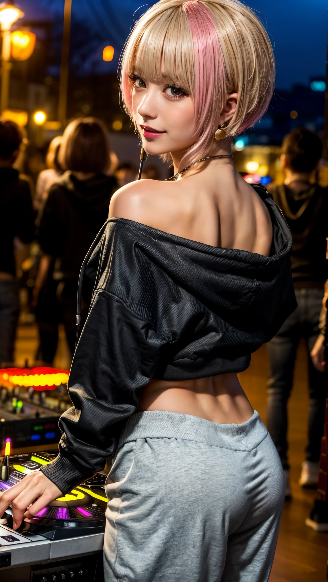 Highest quality, Tabletop, Ultra-high resolution, (Realistic:1.4), (Japanese Idols),RAW Photos, One Girl, night,Detailed skin,nightclub,Disco,(blonde:1.2), (Pink inner hair:1.3),Glossy Lips,smile,21 years old,Beautiful and beautiful eyes,eye shadow,Diamond jewellery,Earrings,Gold Jewelry,(hoodie:1.3),,(Shoulder strengthening:1.2),A well-trained body,(Pixie Cut),Round face,(playing music as a DJ:1.5), (DJ:1.2) Vibrant performances (Music Festival:1.2) and (Lively crowd:1.1) and (Colorful stage lighting:1.1), (Back view:1.5 ),Back view,A slightly distant composition,(back of head)