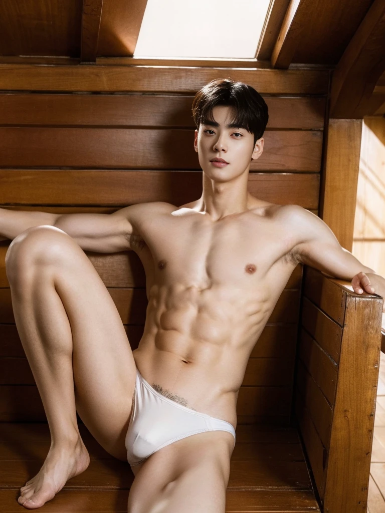 top quality, ultra high resolution, (photorealistic: 1.4), Cha eun woo, shirtless, showing armpit, dynamic angles, handsome, perfect face, perfect body, natural light, raw, detailed, best quality, 8k, thongs, sitting, spread legs, lifted arms, perfect body