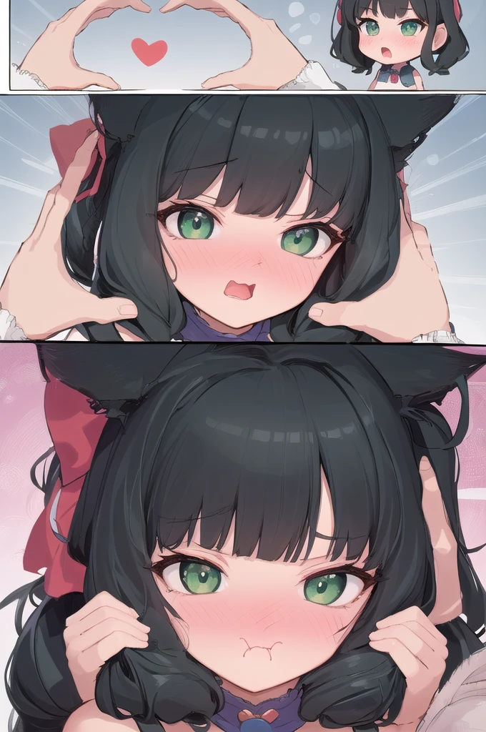 (masterpiece, highres, best quality:1.2), IncrsSnootChallenge, comic, 3koma, ADDBASE :o , karyl, low twintails, cat ears, hair bow, bangs, green eyes BREAK smiling, excited, karyl, low twintails, cat ears, hair bow, bangs, green eyes, BREAK (pov hands:1.4),(puffy cheeks, pout, pouting:1.3), (blush:1.2), mad, karyl, low twintails, cat ears, hair bow, bangs, green eyes, bare shoulders, brooch, hands on another's face