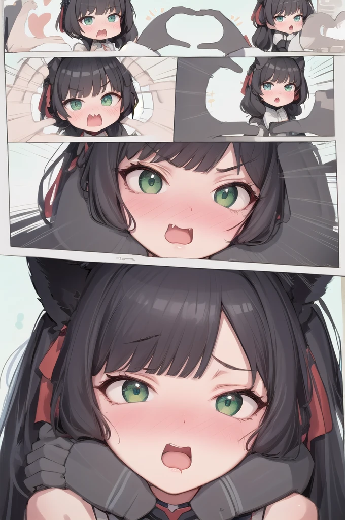 (masterpiece, highres, best quality:1.2), IncrsSnootChallenge, comic, 3koma, ADDBASE :o , karyl, low twintails, cat ears, hair bow, bangs, green eyes BREAK smiling, excited, karyl, low twintails, cat ears, hair bow, bangs, green eyes, BREAK (pov hands:1.4),(puffy cheeks, pout, pouting:1.3), (blush:1.2), mad, karyl, low twintails, cat ears, hair bow, bangs, green eyes, bare shoulders, brooch, hands on another's face