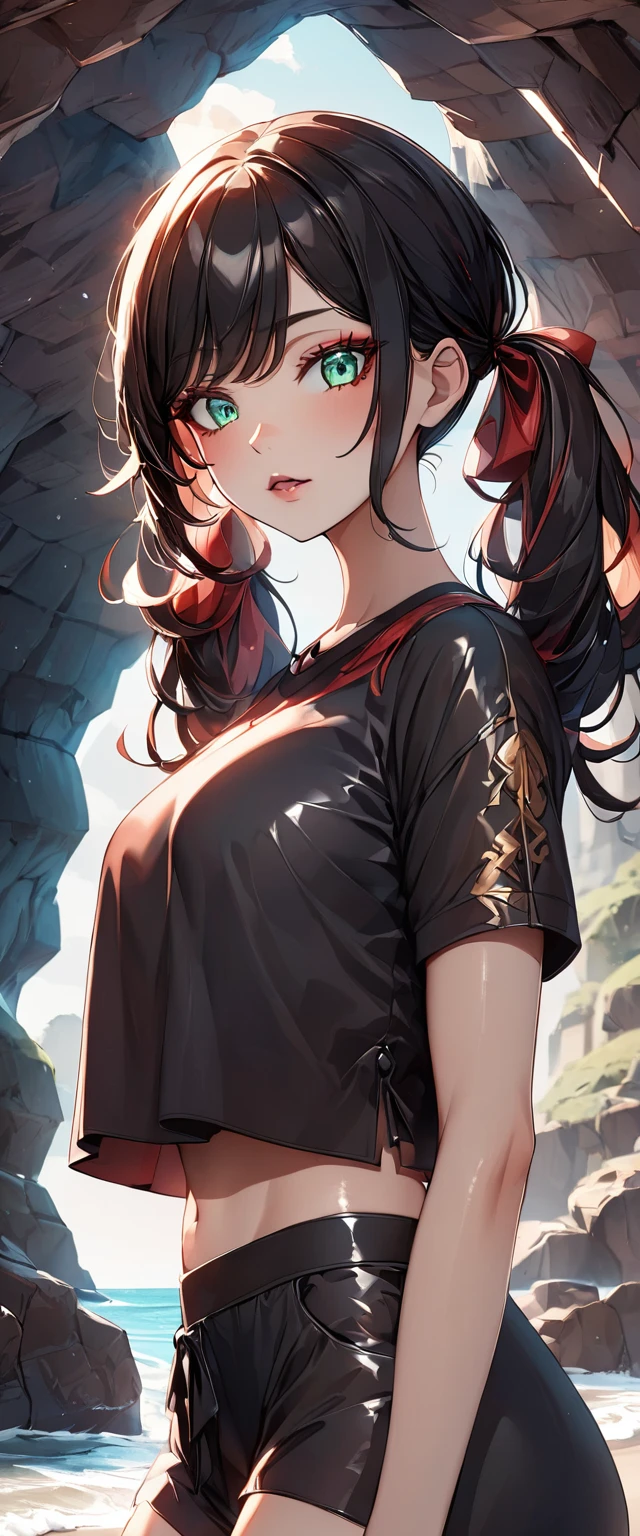 Photo of a girl with natural skin, (()), Round face, A girl wearing mainly black and red, Upper Body, Seaside cave, The light is shining in, High Twintails, Black hair with red mesh, Sharp eyes with red eyeshadow, Blue-green eyes, Shining eyes, A thin, upturned nose, Well-shaped lips, ((crop top overhang, Short sleeve, Black clothes, Thighs, Glamour body)), Makeup, Exquisitely crafted with the utmost attention to detail, Vibrant, amazing, Smooth, Cinematic, 4K, Backlight, (()), Shallow depth of field, ((Detailed eyes:1.3, Detailed lips:1.3, high quality, )), masterpiece, Super detailed images, High quality