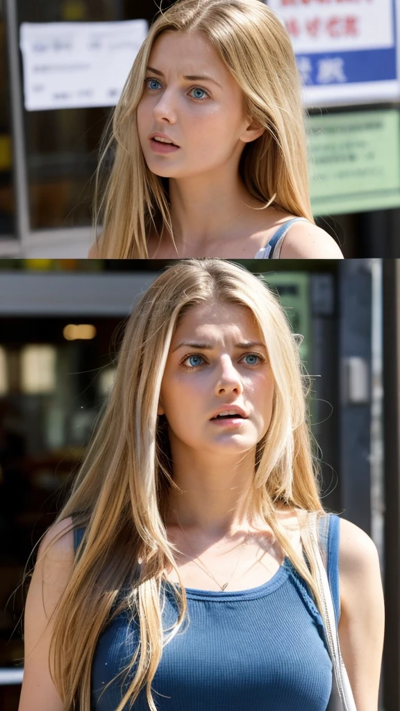 Emily, a young woman with clear blue eyes and a terrified expression, is crying out loud. She has long, blonde hair styled in a casual, tousled look with natural waves and a healthy shine. She is dressed in a summer tank top. She is standing and looking at a bill with a large amount due, appearing shocked. The background is filled with images of financial stress and warning signs.
