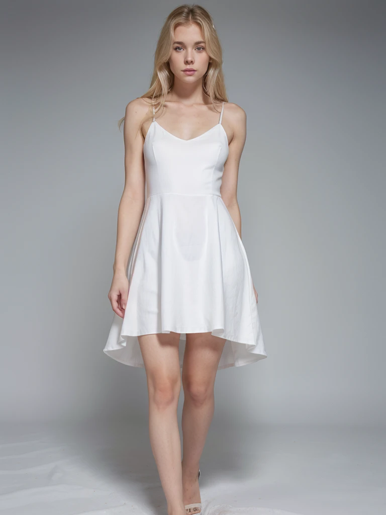 Full body white skin blue eyed blonde girl wearing white dress