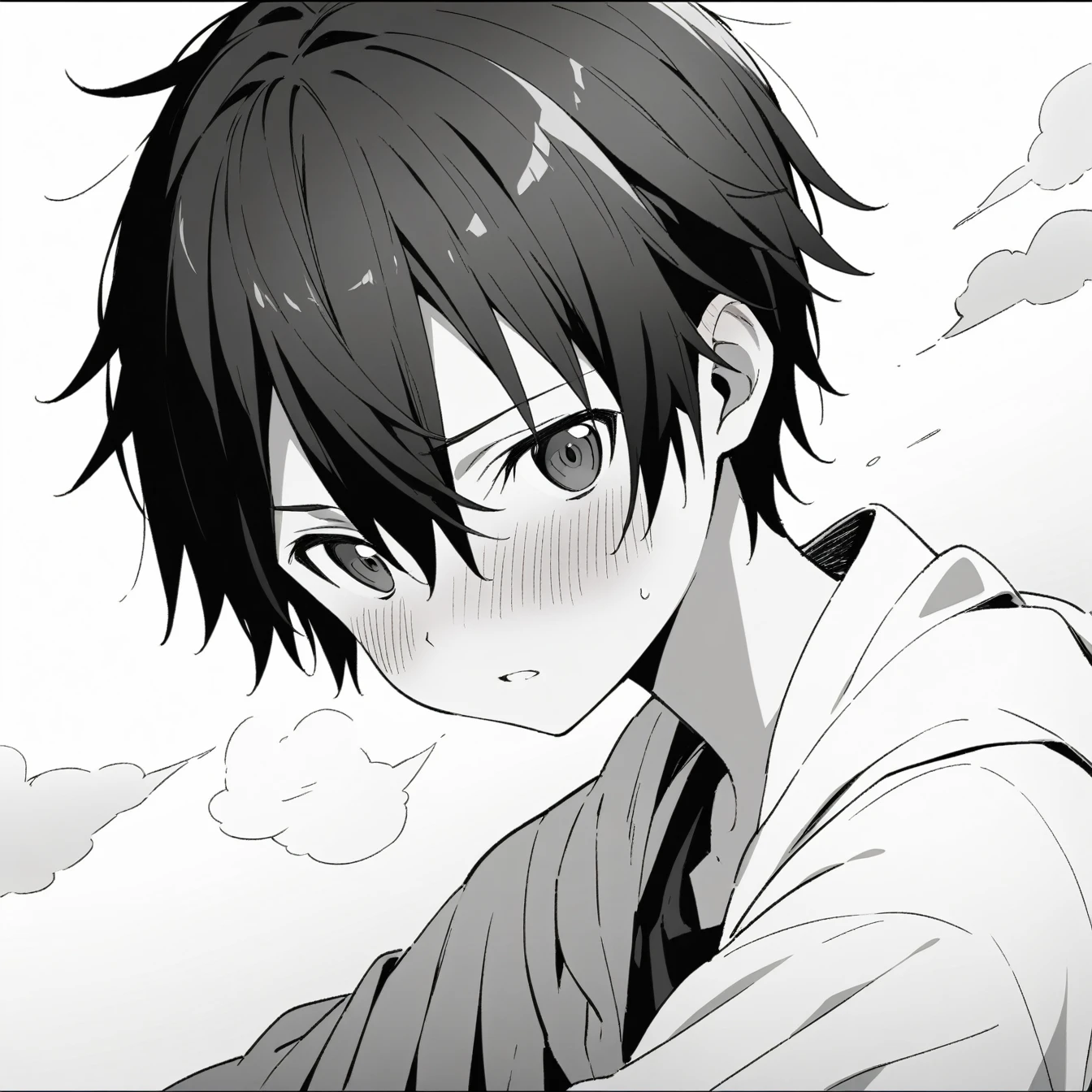 1 Boy, Kirito,Sword Art Online,,Solitary, Viewers, Pure white background,blush, Eye,breathe, avatar,Half Body,Comic style without color,angle, masterpiece, best quality