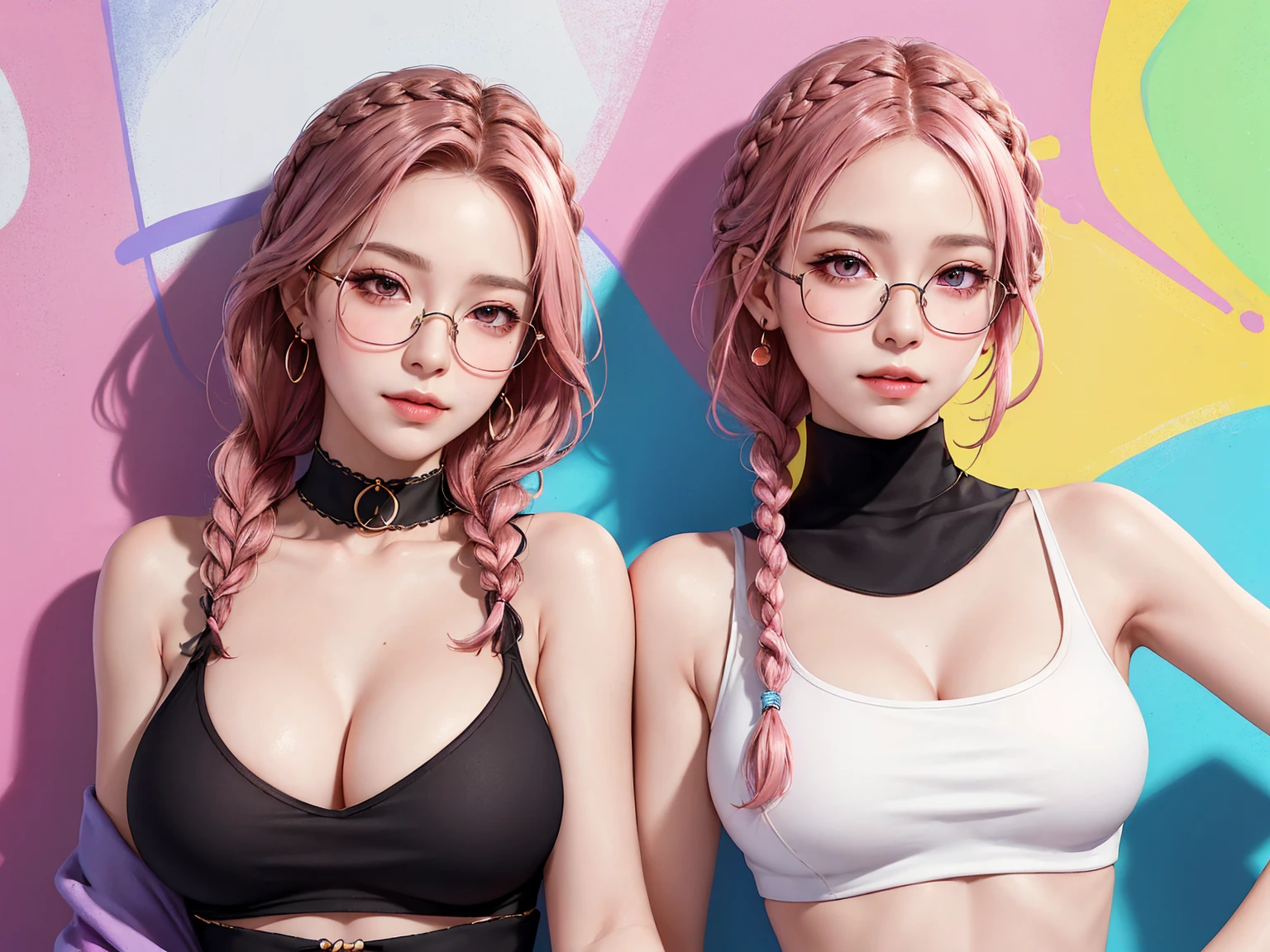 (Masterpiece, best quality, 1 girl, alone, complicated details, Chromatic aberration), realistic, ((Moderate breath)),long hair, pink hair, Red headpiece, Pink Highlights, hair on one eye,purple eyes, earring, sharp eyes, choker, Neon coat, She wears a collar, bangle, and kimono style garters., crop top, (symmetrical eyes),(Perfect symmetrical body),against the wall, Brick wall, (colorful graffiti words on the wall:1.2), The light is dim., alley ,Look at the viewer.、Dig the chest、smile、(sleeveless、Navel touch、Fitted turtleneck.)、street string hot pants、Thin bottom、Please build above the eaves..、Thin shoulders、1 Female,Brown Hair, ,((Anxious expression)),Beautiful breasts,School Swimsuit、Stylish,,(Look forward)(((Blushing、Surprised expression)),(((Braid))),((( Upper body portrait)))Frameless Glasses