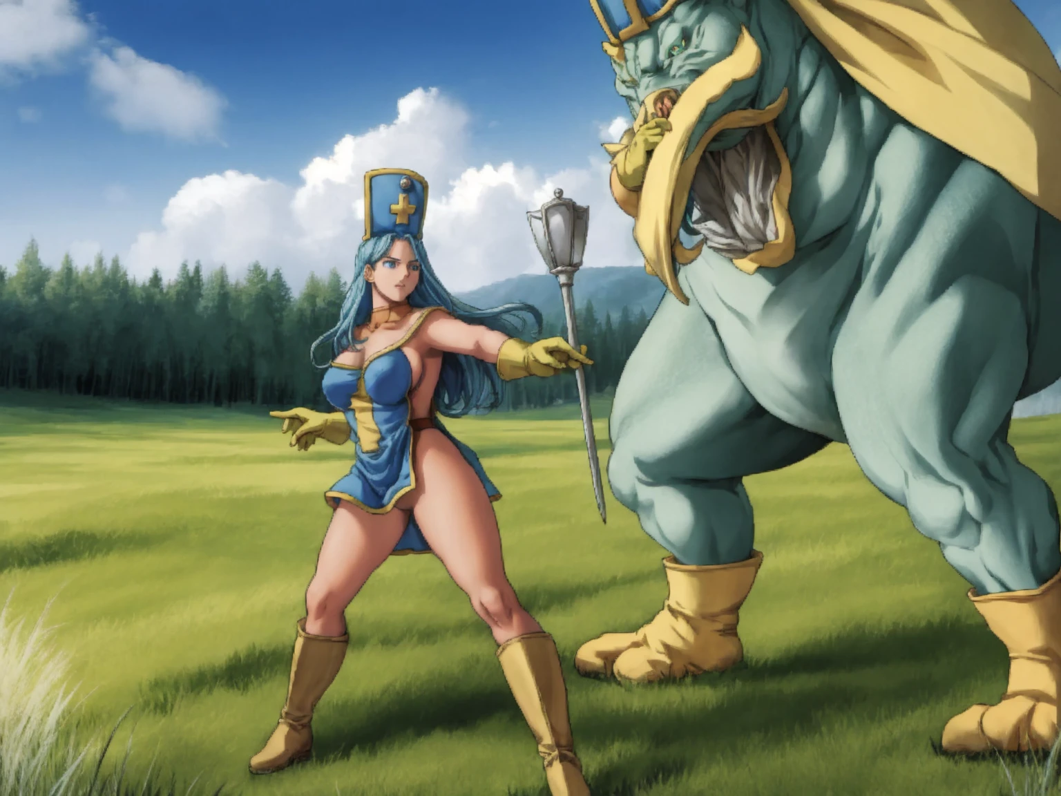 masterpiece, best quality, ultra-detailed, illustration, sage_(dq3), 1girl, (holding staff, staff:1.3), solo, long hair, blue hair, long blue mitre, blue eyes, large breasts, yellow gloves, (skintight fullbody orange leotard:1.2), blue front dress, yellow boots, holding out her priestess staff, standing, full body, grass, wind lift, simple background - nature background, BREAK, JRPG-style surrounded by monsters on the open meadow, (battle-stance:1.5),