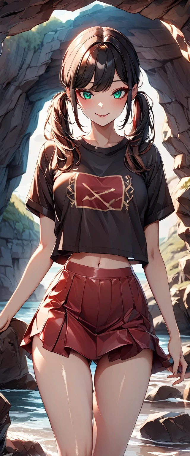 Photo of a girl with natural skin, smile, ((Baby Face)), Round face, A girl wearing mainly black and red, Cowboy Shot, Seaside cave, The light is shining in, High Twintails, Black hair with red mesh, Sharp eyes with red eyeshadow, Blue-green eyes, Shining eyes, A thin, upturned nose, Well-shaped lips, ((crop top overhang, Short sleeve, Black clothes, Thighs, Glamour body)), Makeup, Exquisitely crafted with the utmost attention to detail, Vibrant, amazing, Smooth, Cinematic, 4K, Backlight, (()), Shallow depth of field, ((Detailed eyes:1.3, Detailed lips:1.3, high quality, )), masterpiece, Super detailed images, High quality